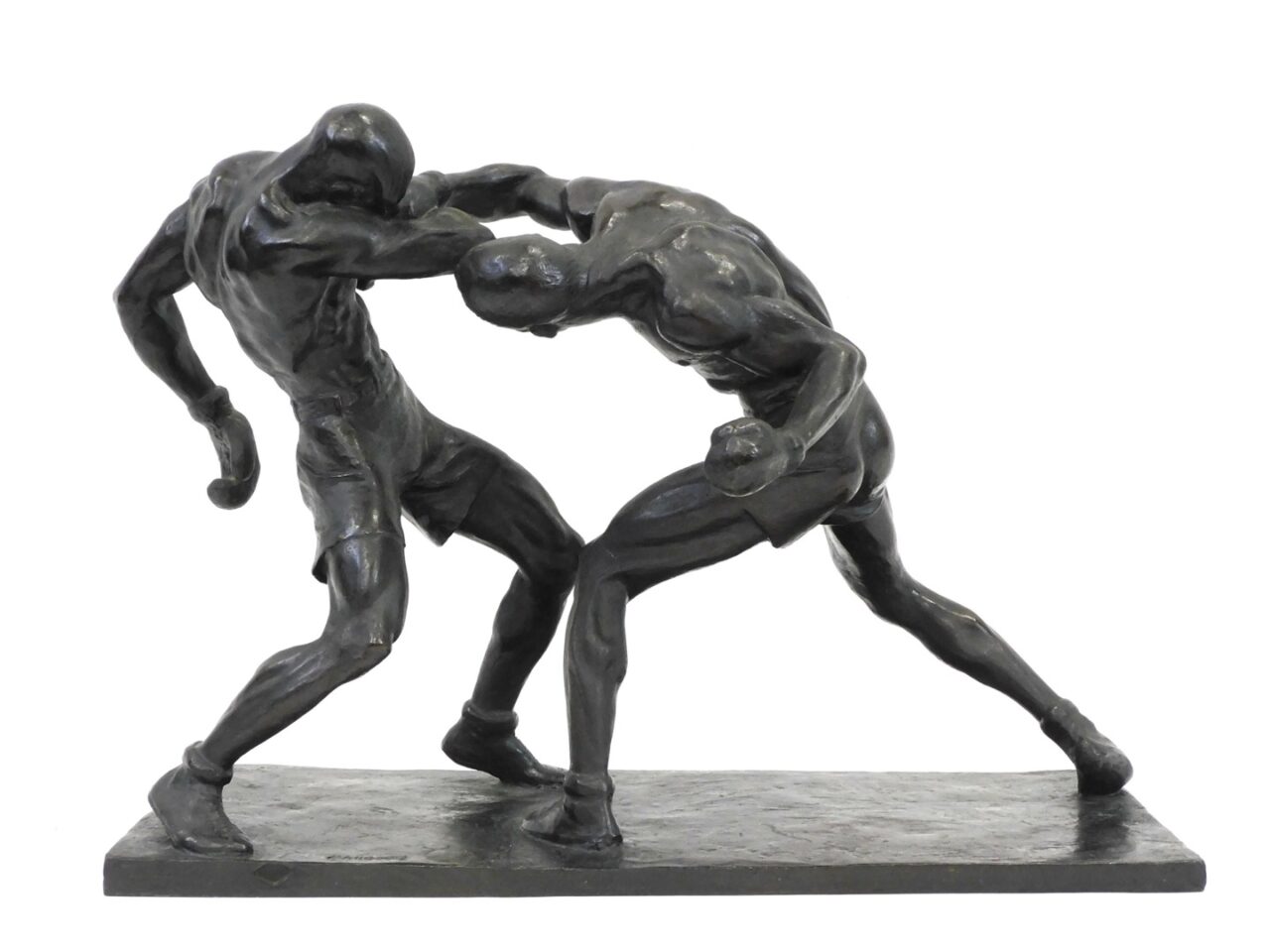 Mahonri MacKintosh Young. Right to the Jaw. Bronze sculpture of two shirtless men boxing. Modeled in 1926.