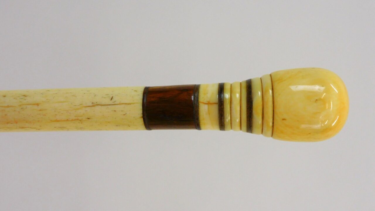 19th Century Scrimshaw Walking Stick with Whale's Tooth Knob and Baleen Inlay Bands.