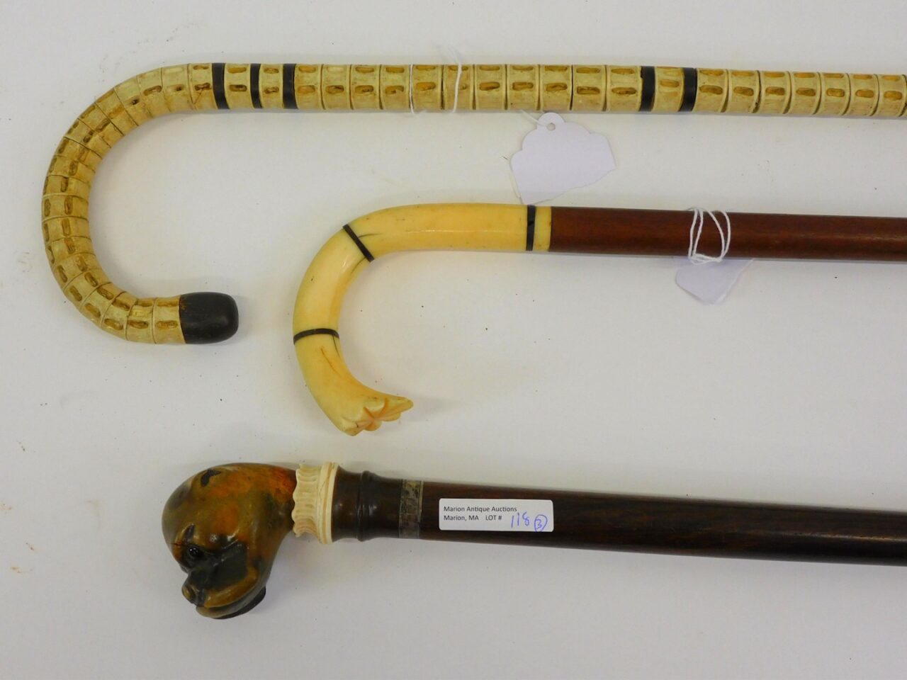 19th Century Scrimshaw Walking Sticks Including Shark Vertebrae and Whale Tooth Canes