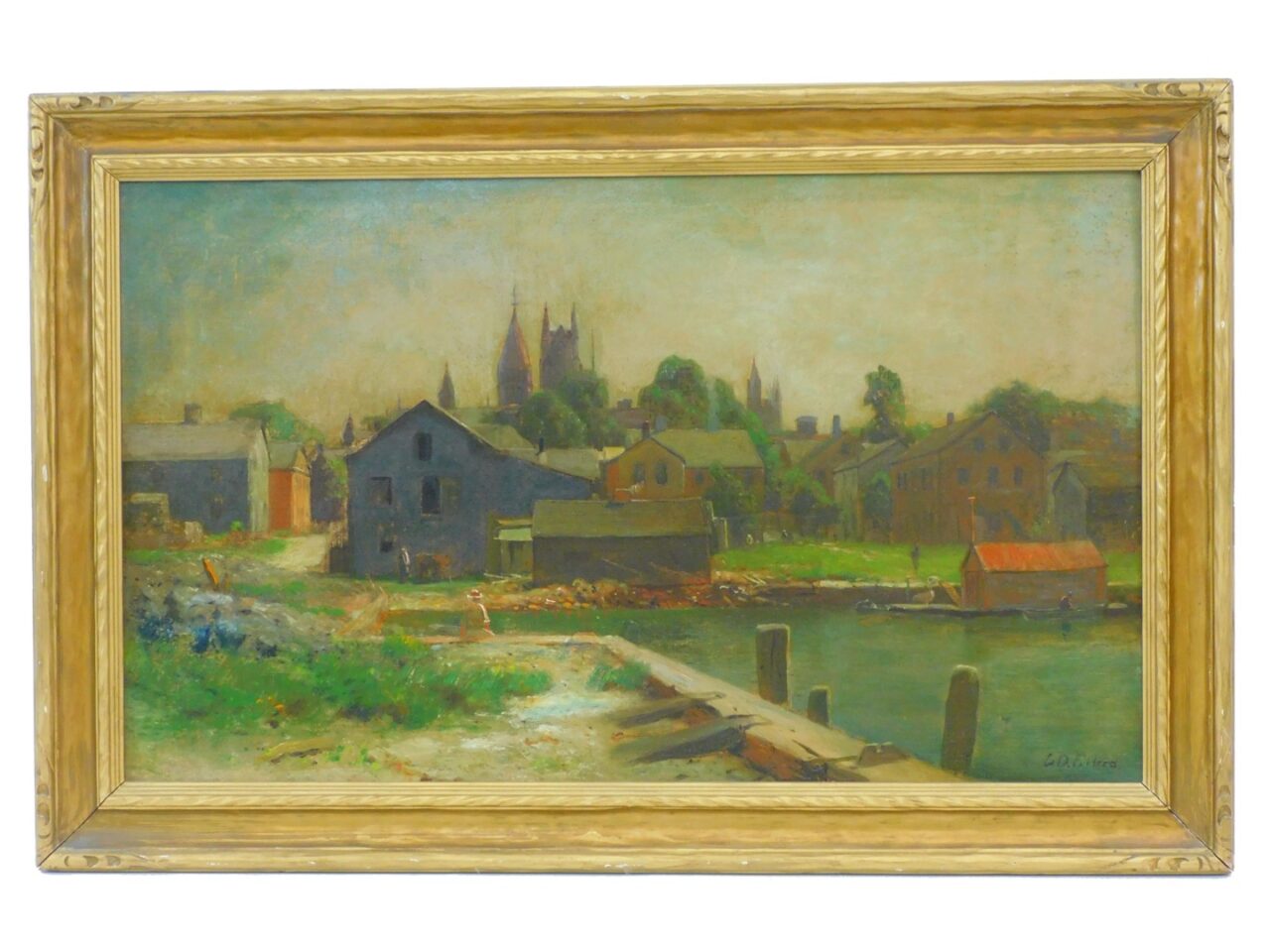 Lemuel D. Eldred (1848-1921) Fairhaven Waterfront Oil Painting