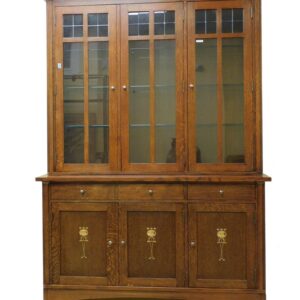 Gustav Stickley Oak Breakfront China Cabinet with Harvey Ellis Style Inlay