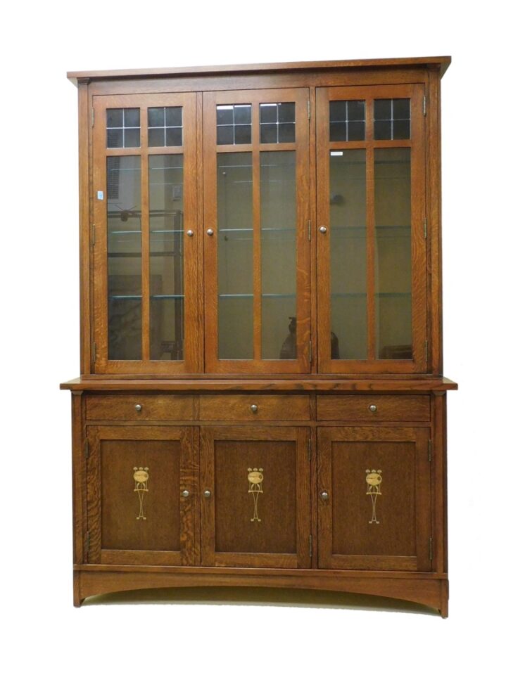 Gustav Stickley Oak Breakfront China Cabinet with Harvey Ellis Style Inlay