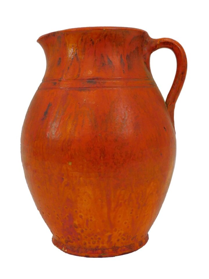 18th-century New England Redware Pitcher with Drip Glaze and Incised Design by Unknown Artist