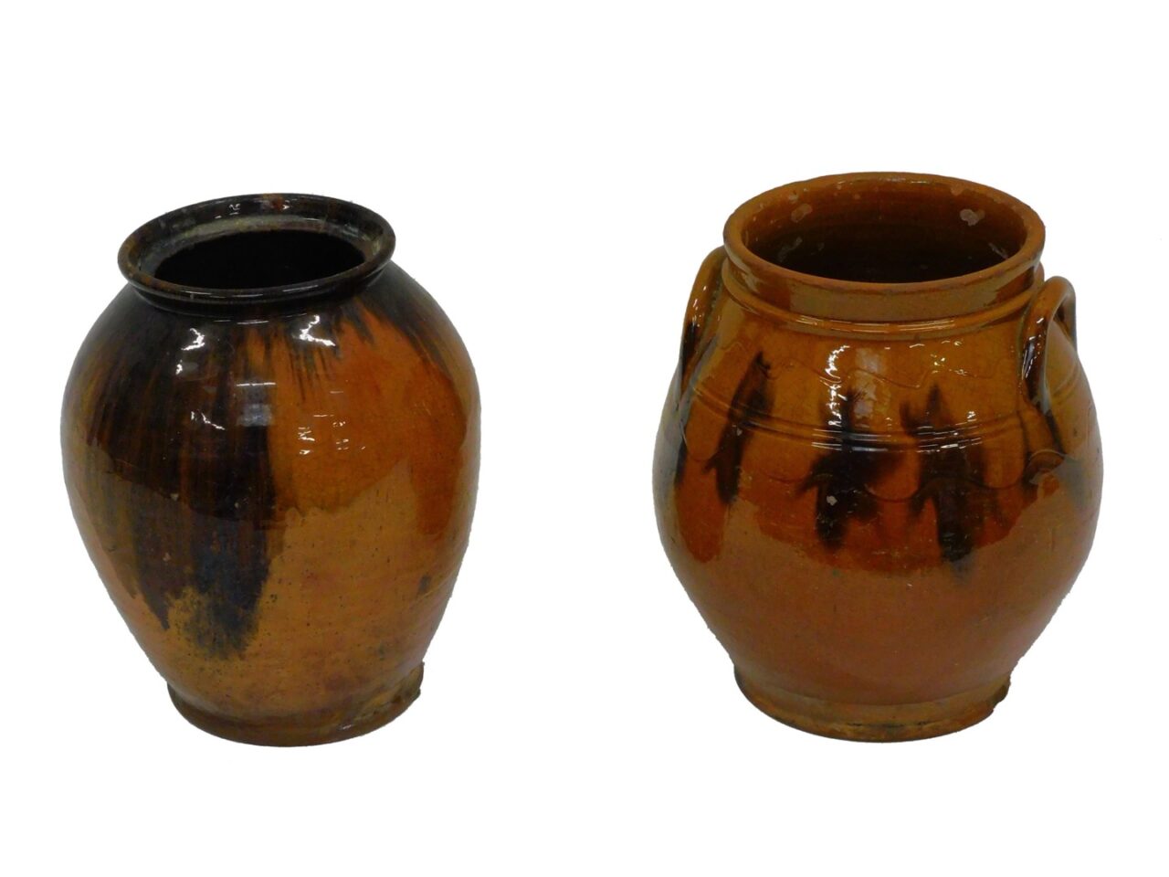 Two Redware Jars by Unknown Artist. 18th-century. One with Handles and Incised Wavy Band Design. Ovoid Jar Included.