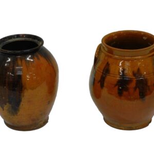 Two Redware Jars by Unknown Artist. 18th-century. One with Handles and Incised Wavy Band Design. Ovoid Jar Included.