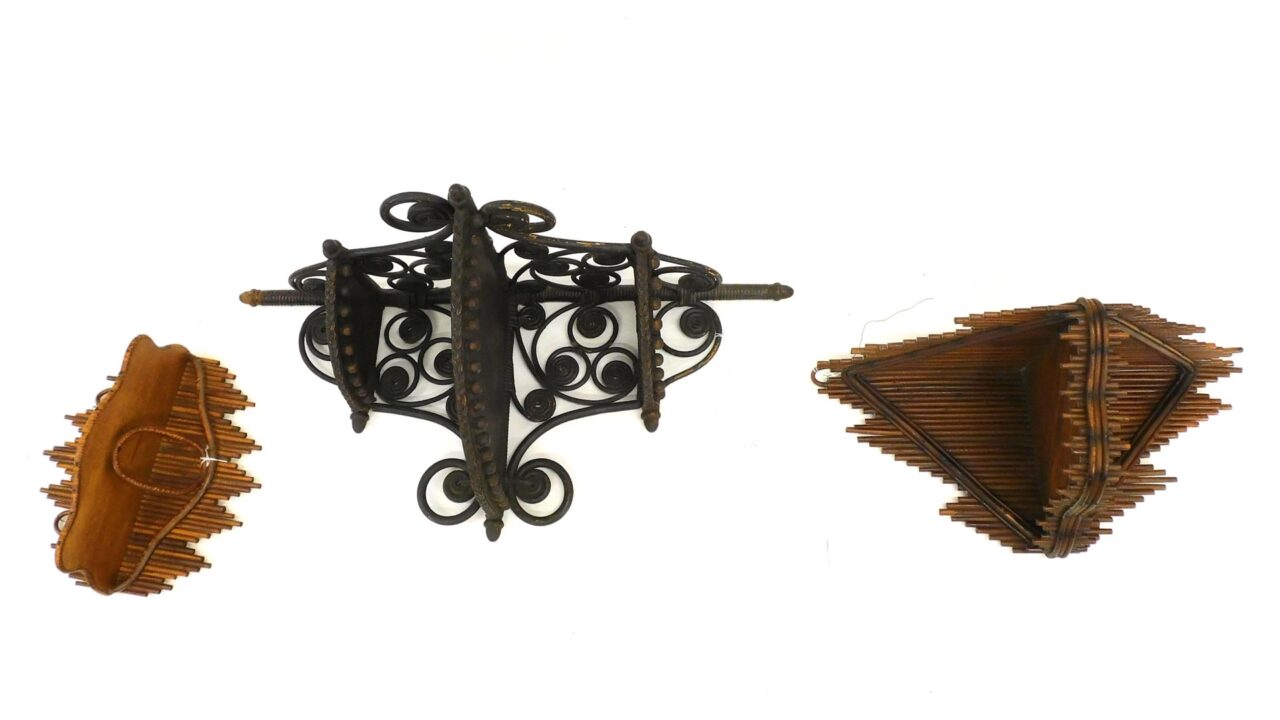 Victorian Wicker Hanging Shelves by Mary Jean McLaughlin. Circa 1880. Curlicue and Bead Design.