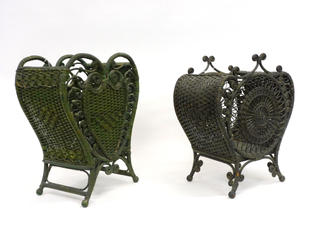 Rare Victorian Wicker Waste Baskets by Heywood Bros Wakefield Co. Circa 1898. Curlicue and Pinwheel Design