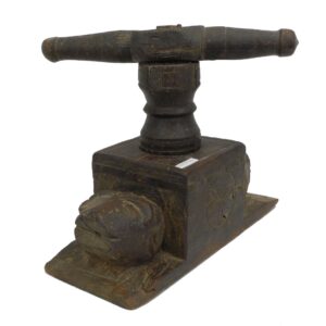 18th/19th Century Carved Indian Fruit Press with Geometric Design and Turned Animal Head Handles by Unknown Artist