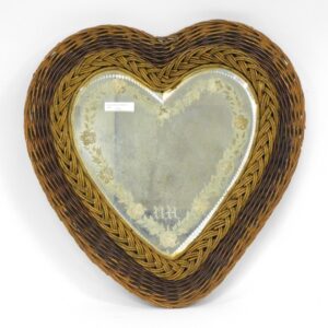 Victorian Wicker Heart Shaped Mirror with Engraved Glass Floral Design