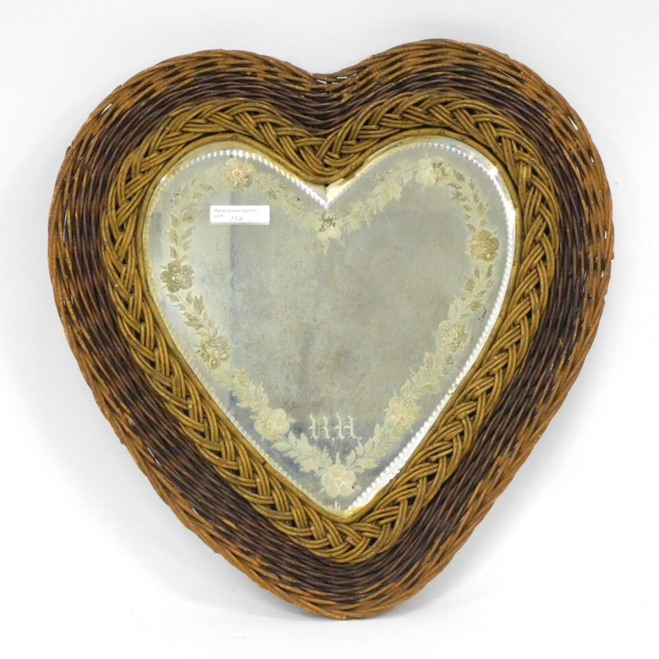 Victorian Wicker Heart Shaped Mirror with Engraved Glass Floral Design