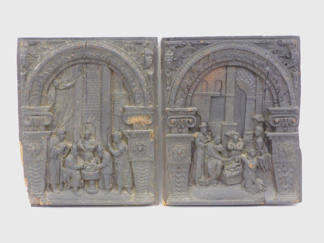 Pair of Carved Italian Wood Panels Depicting Baptism Scenes