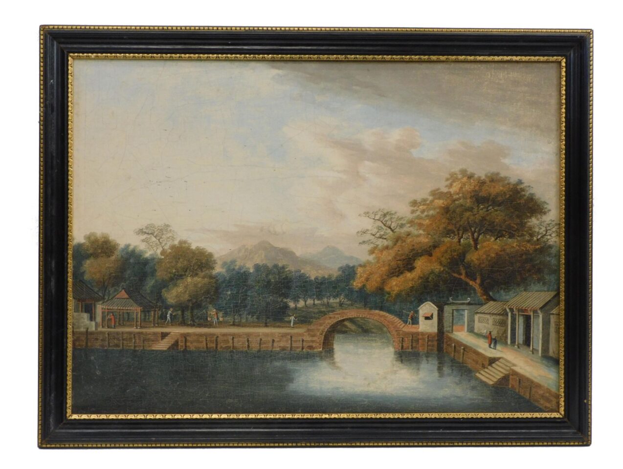 Chinese School. An Inland Waterway Near Canton. Early 19th century Oil Painting on Board in Black Lacquer Frame.