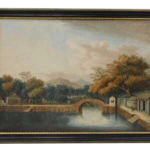 Chinese School. An Inland Waterway Near Canton. Early 19th century Oil Painting on Board in Black Lacquer Frame.