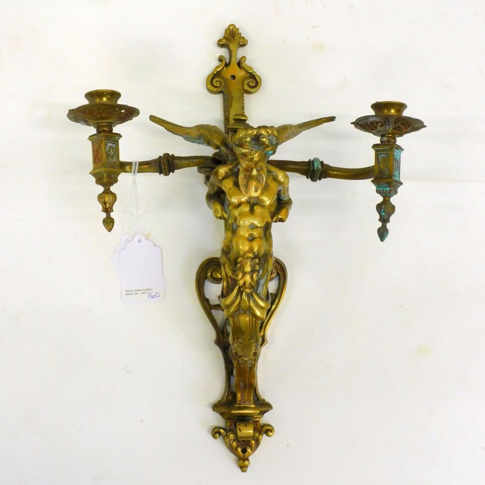 Late 19th-century Continental Brass Figural Sconce with Winged Satyr Figure and Scroll Design