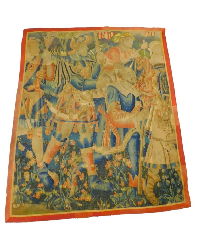 16th/17th Century Flemish Tapestry Partial Panel Depicting Figures and Flowers 78" x 63"