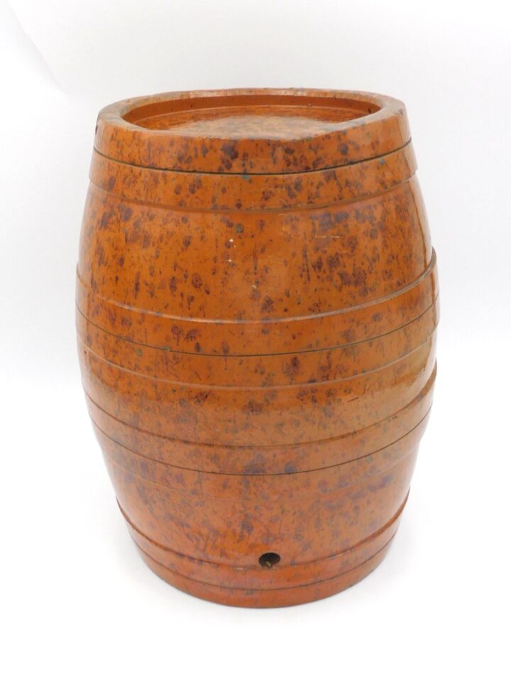 19th Century Redware Barrel-Form Brandy Keg with Band Design and Two Holes by Unknown Artist