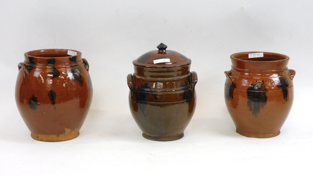 Early 19th Century Redware Handled Ovoid Crocks by Unknown Artist