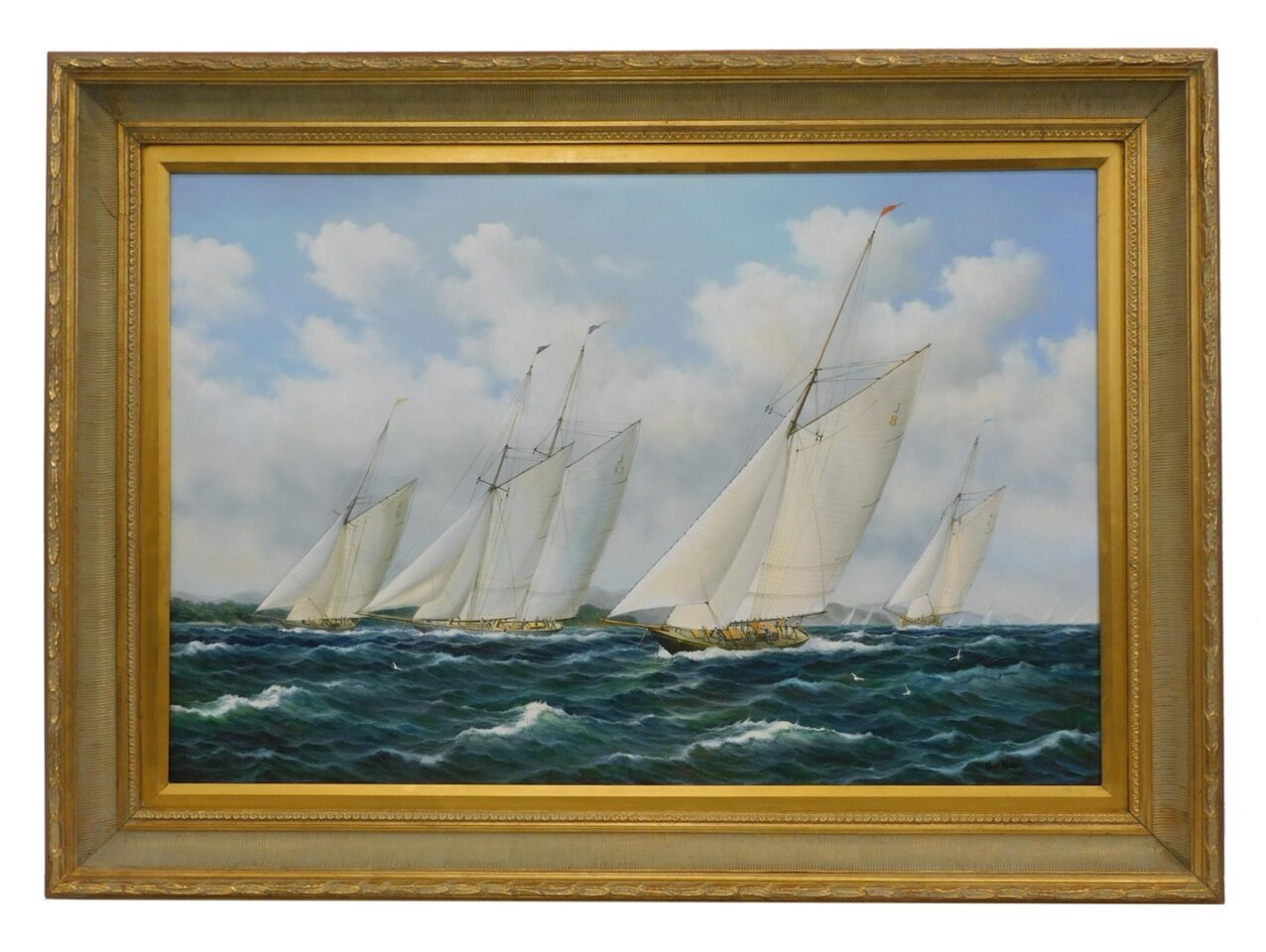 Hugh Morris Yacht Race 21st Century Oil Painting on Canvas Seascape in Gilded Frame.