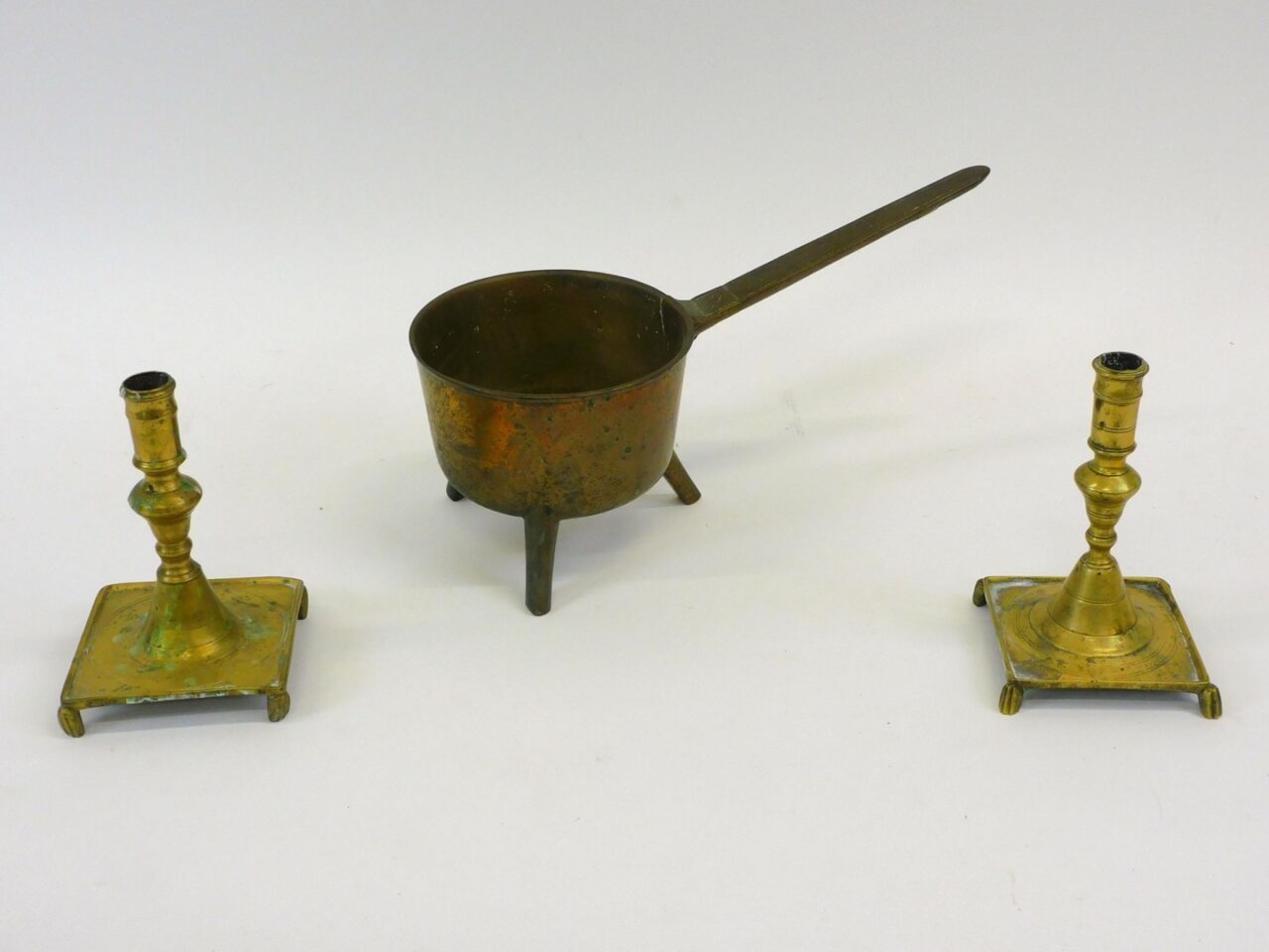 18th-century Brass Cook Pot & Dutch Candlesticks by Unknown Artist