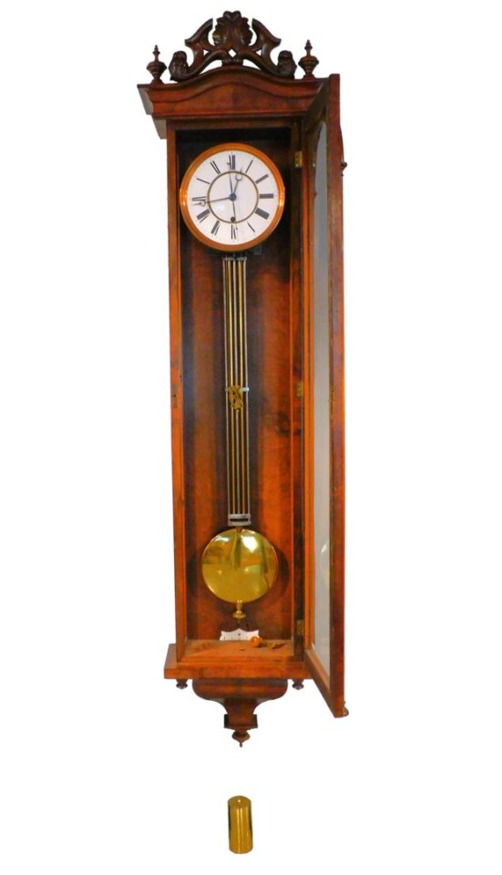 19th Century Lenzkirch Weight Driven Long Drop Regulator Clock with Grid-Iron Pendulum and Carved Crest.