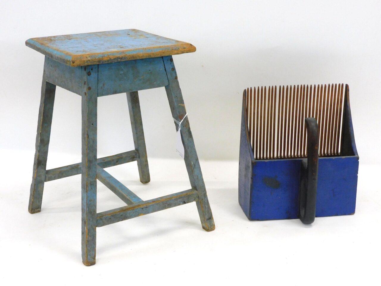 19th Century Blue Painted Stool and Berry Scoop by Unknown Artist