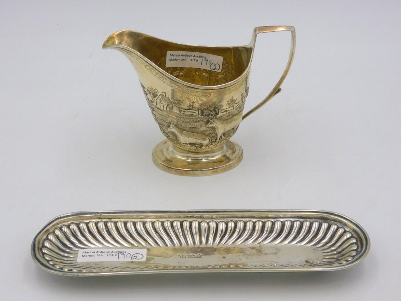 English Silver Creamer and Pen Tray by Illegible Marks. 19th Century. Repousse Barnyard Design and Embossed Rib Design.