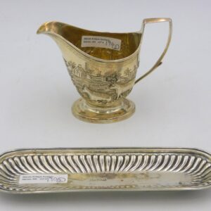 English Silver Creamer and Pen Tray by Illegible Marks. 19th Century. Repousse Barnyard Design and Embossed Rib Design.