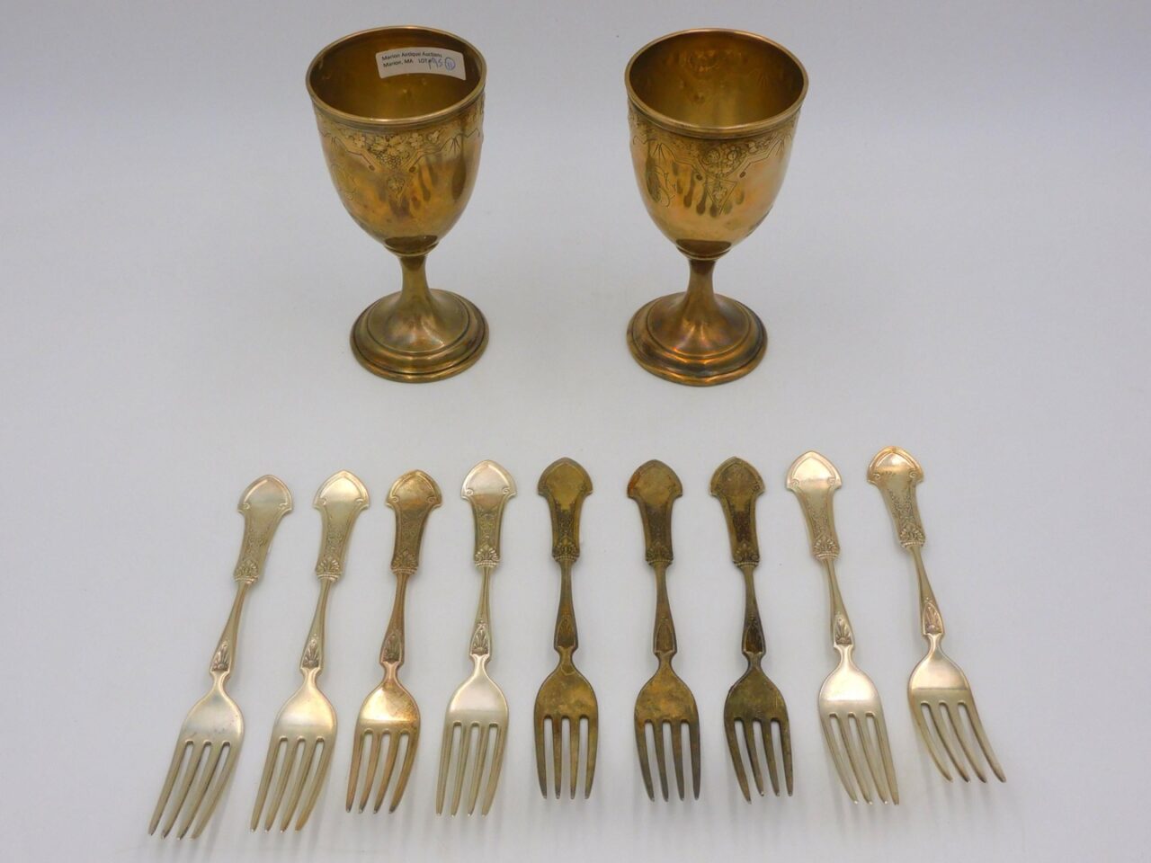 Gorham Sterling Silver 19th Century Items: Corinthian Pattern Forks and Embossed Grape Goblets. Made in Providence