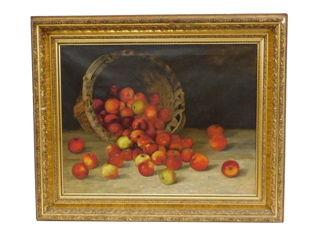 Late 19th Century Fall River School Still Life with Apples in Carved Frame.