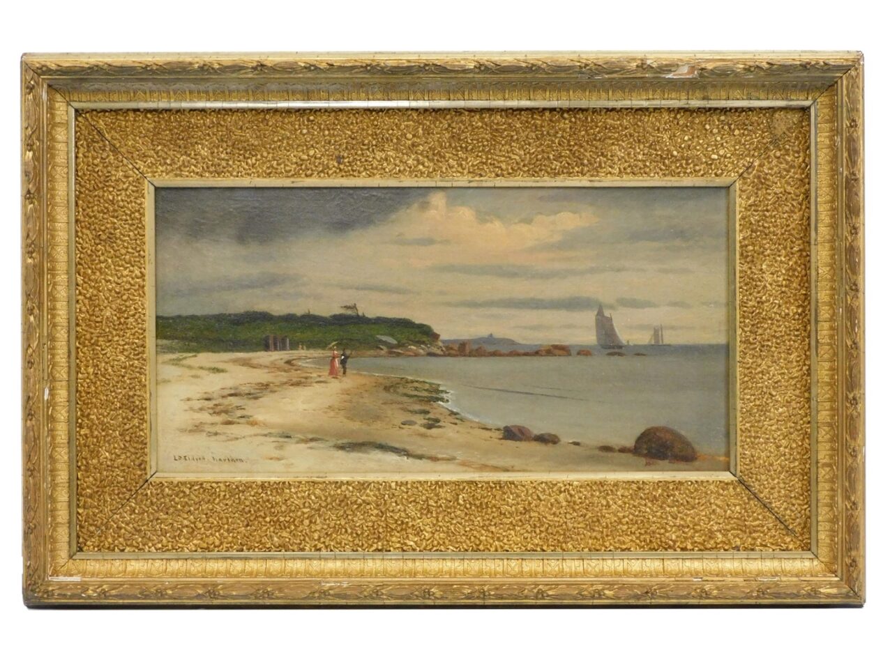 Lemuel D. Eldred Naushon Island Coastal Scene Late 19th/Early 20th Century Oil Painting in Gilt Frame.