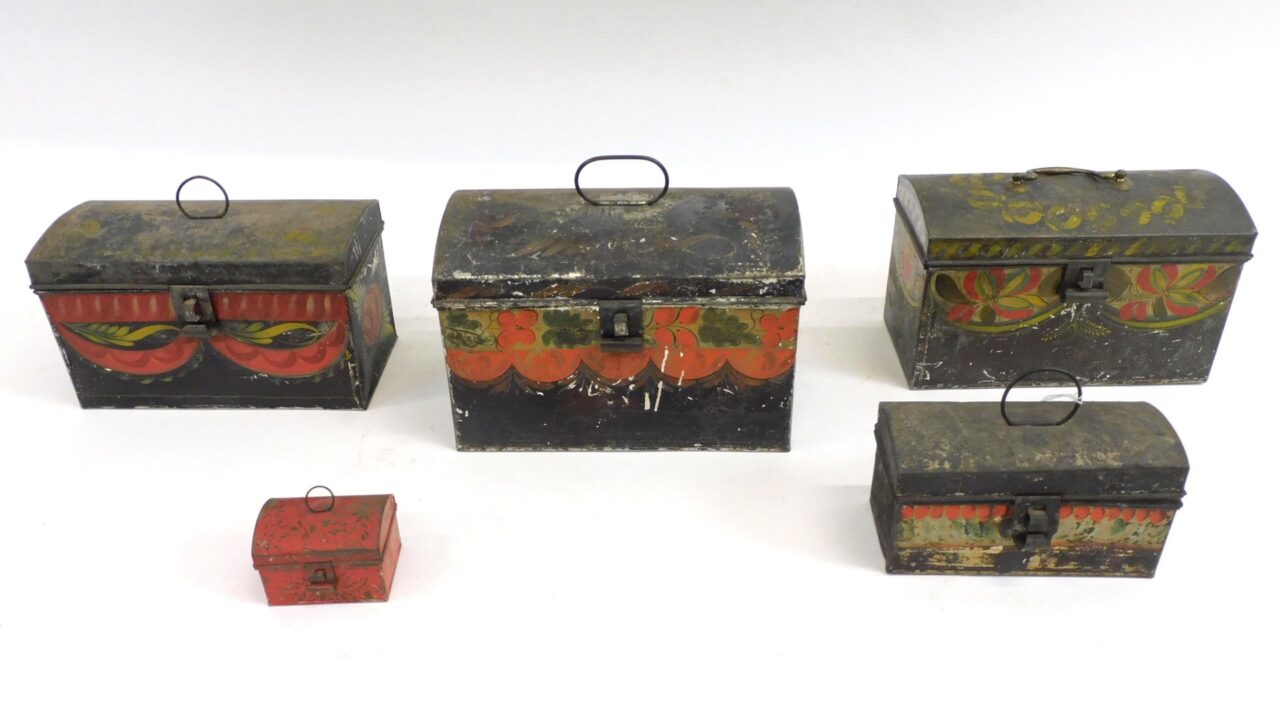 Set of (5) Painted Tole Ware Tin Boxes