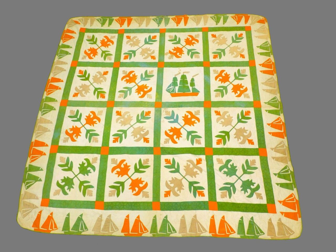 Late 19th-century Handsewn Quilt with Oak Leaf and Ship Designs by Unknown Artist