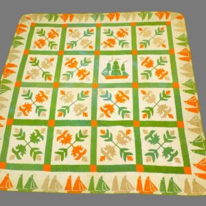 Late 19th-century Handsewn Quilt with Oak Leaf and Ship Designs by Unknown Artist