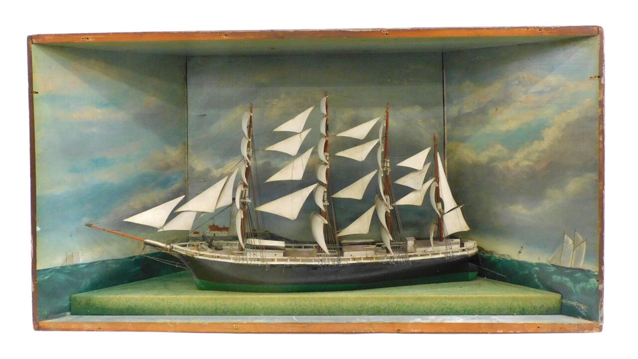 Unknown artist. Ship diorama. 19th/20th century. Four masted vessel under sail. Quality painted background with island