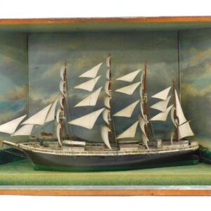 Unknown artist. Ship diorama. 19th/20th century. Four masted vessel under sail. Quality painted background with island