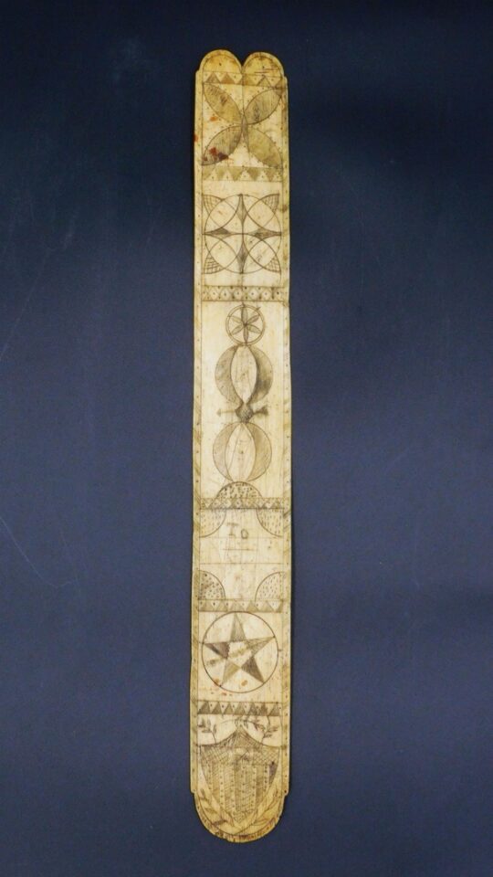 19th c. Sailor-Made Scrimshaw Busk with Geometric Star and Shield Design by Unknown Artist