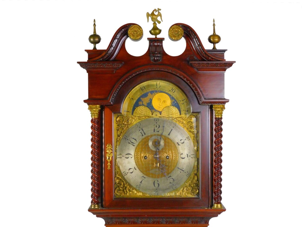 Walter H. Durfee and Co. Late 19th Century Tall Case Clock with Ornate Mahogany Carved Case