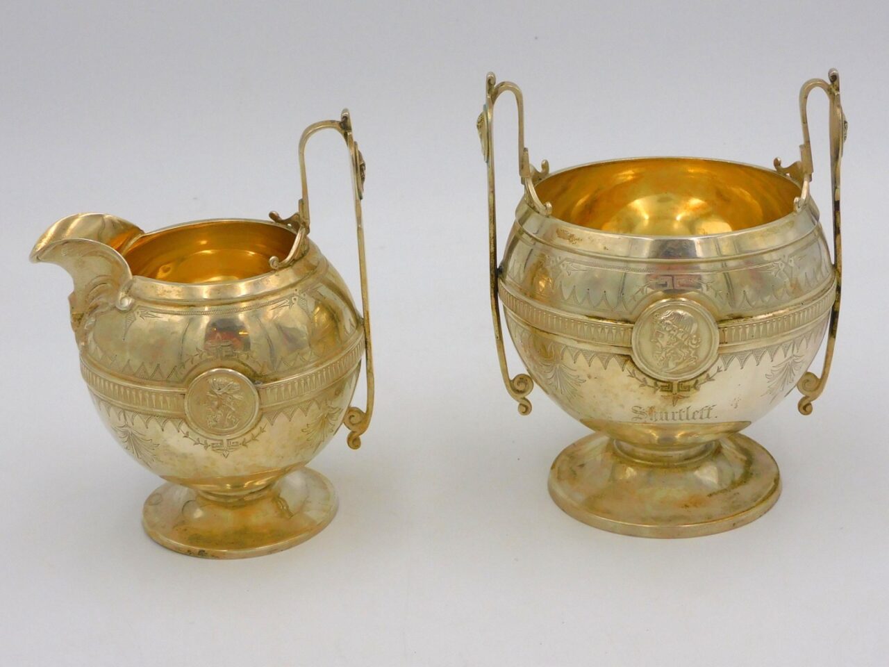 Gorham Medallion Pattern Coin Silver Creamer and Sugar Bowl