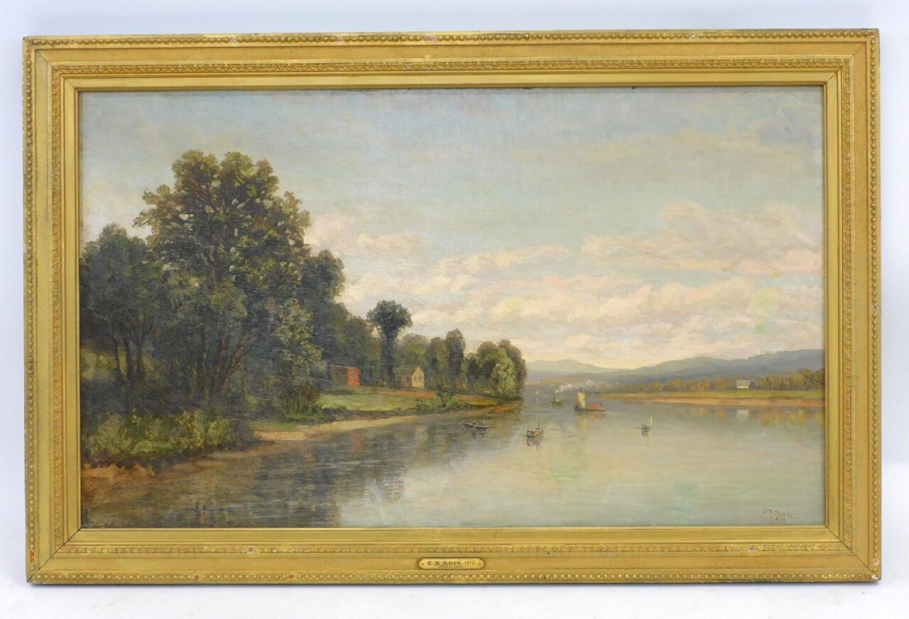 Charles Russ River Landscape Oil Painting 1875 in Gilt Frame UV Inpainting Sharf Collection.