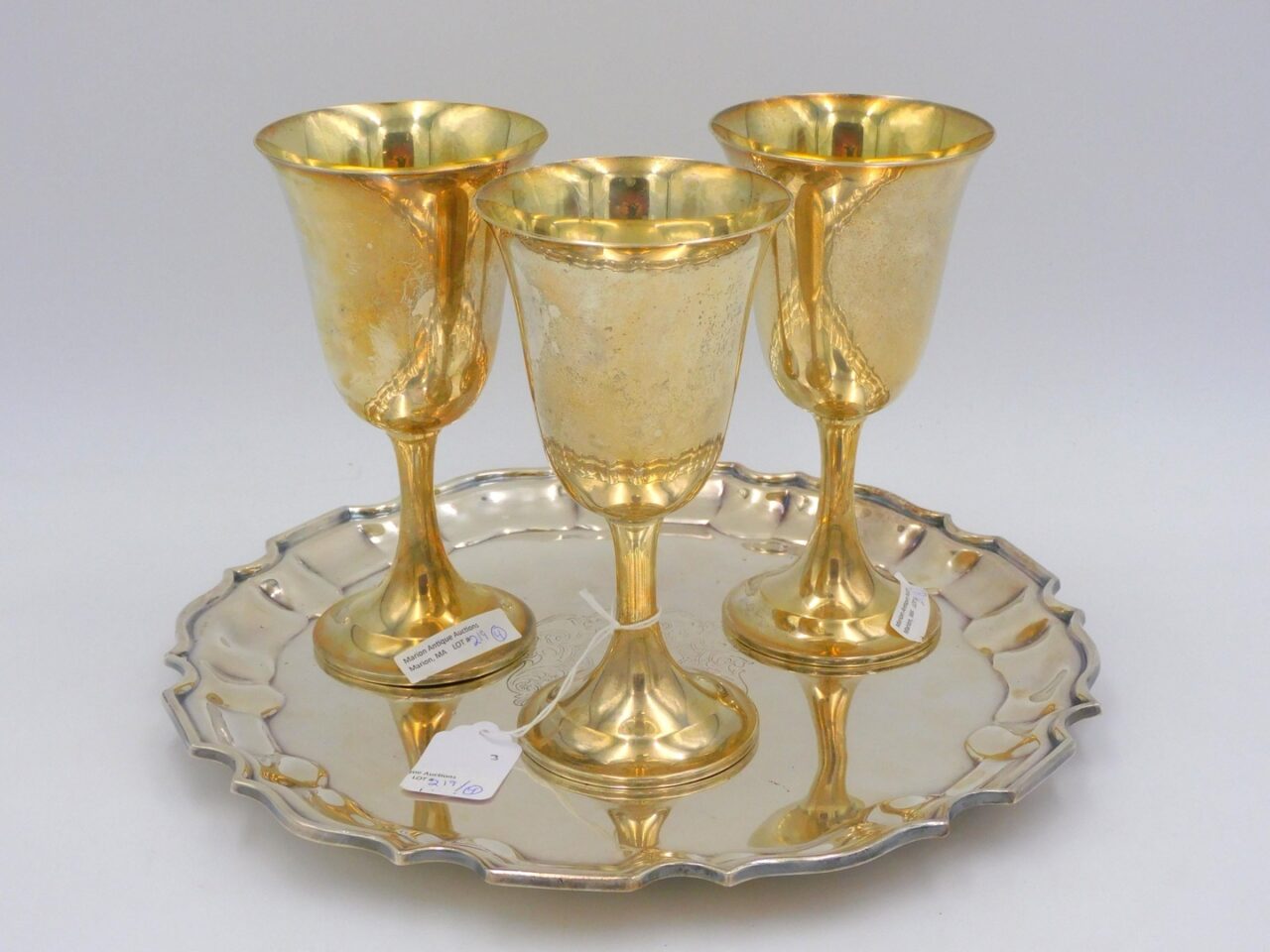 Georgian Style Silver Tray and Sterling Goblets by Unknown Artist. 19th century. Monogrammed tray