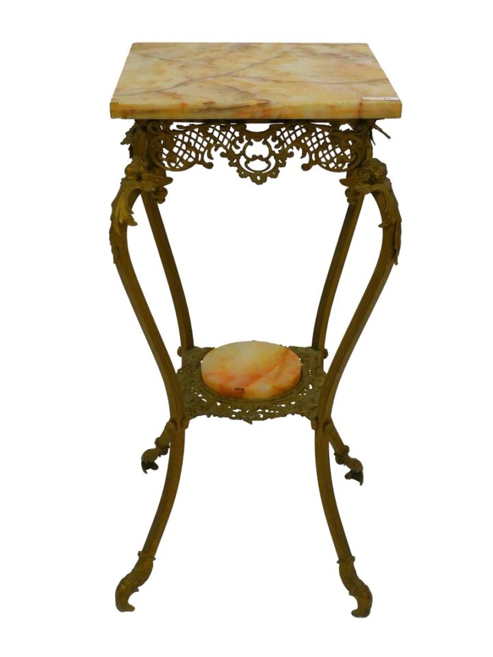 Late 19th Century Victorian Onyx and Brass Two-Tiered Stand with Winged Cherub Corners