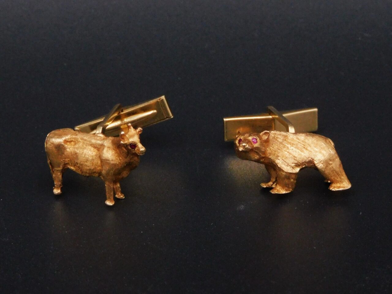 Pair of 14kt Gold Wall Street Bull & Bear Cufflinks with Ruby Eyes