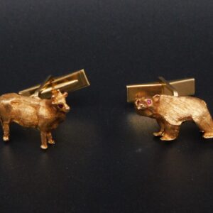 Pair of 14kt Gold Wall Street Bull & Bear Cufflinks with Ruby Eyes