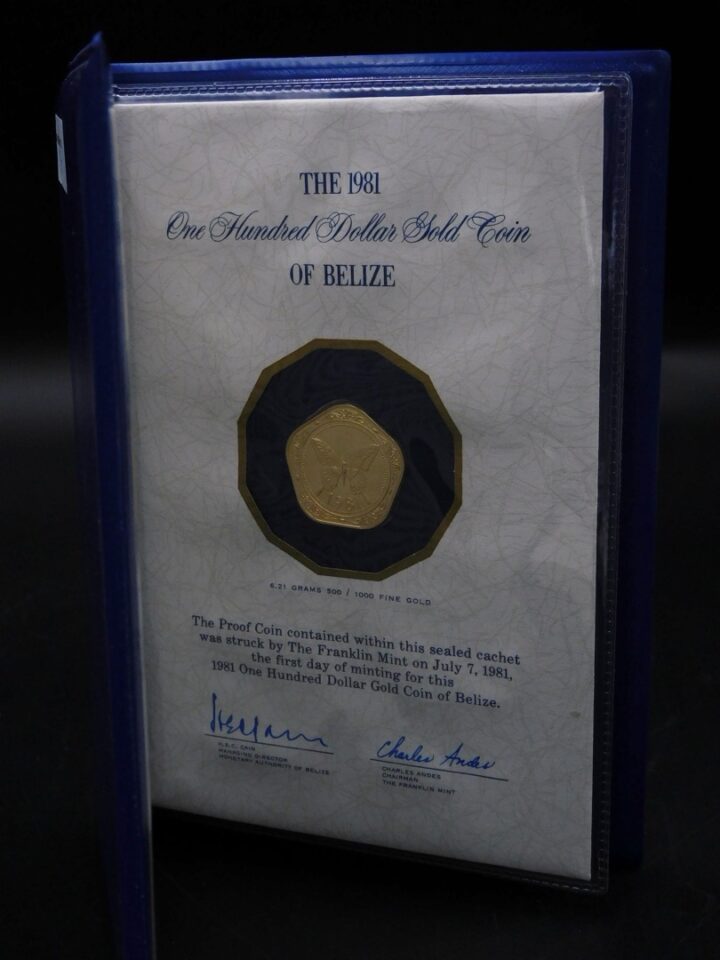 1981 Belize $100 Franklin Mint Gold Coin in Original Case with Paperwork - 6.21g 500/1000 Gold