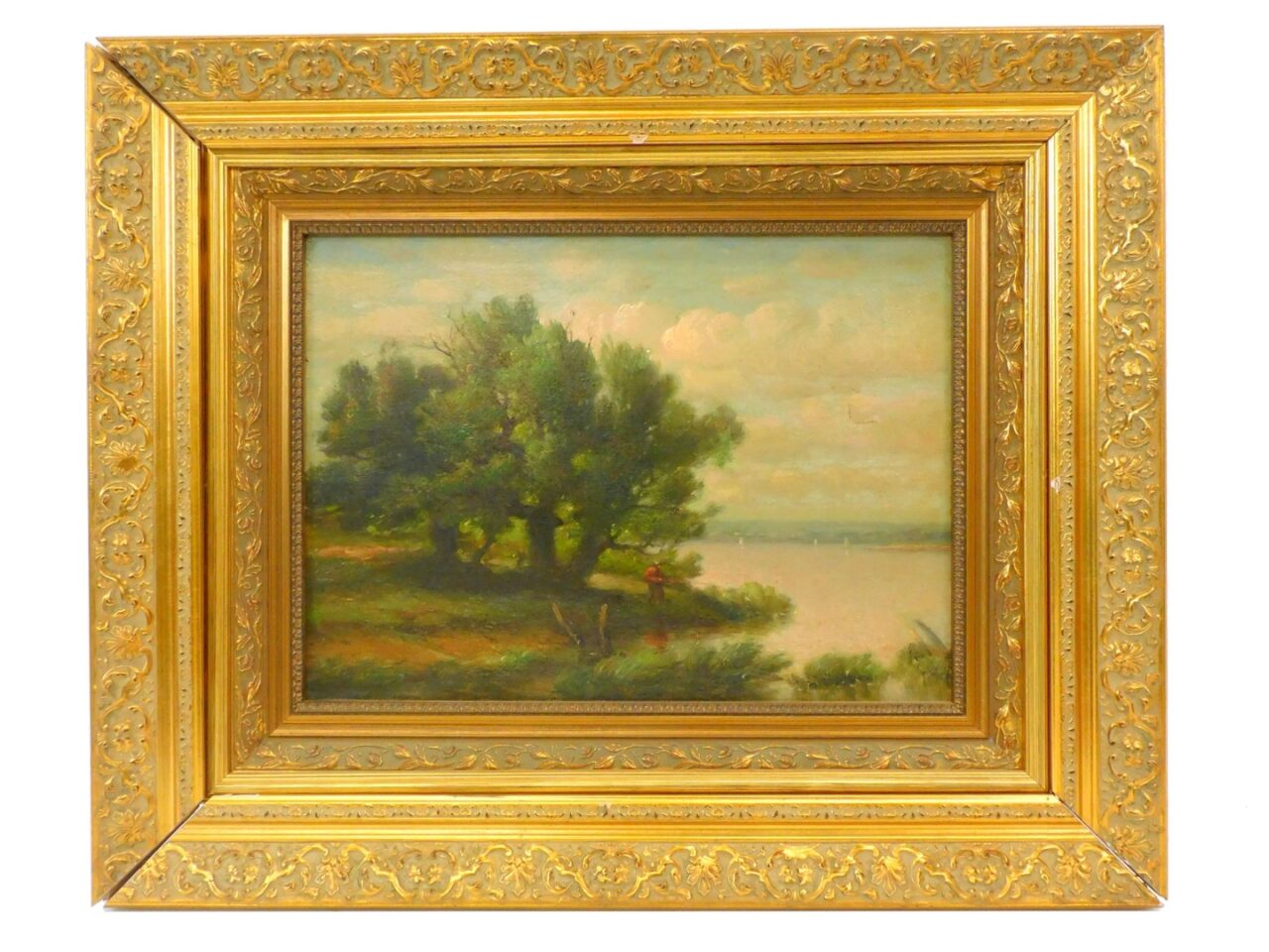 Franklin Harrison Miller (1843-1911) Late 19th Century Riverscape Oil on Canvas Painting in Gilt Frame.