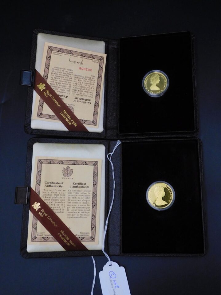 1982 and 1984 Canadian $100 Proof Gold Coins in Original Cases and Paperwork by Unknown Artist.