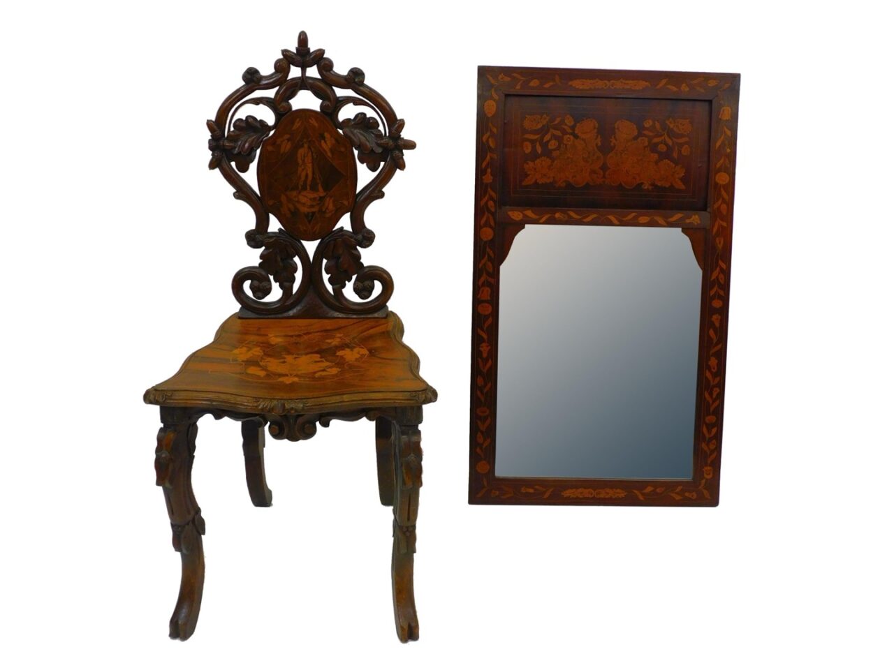 Black Forest Carved Chair and Inlaid Mahogany Mirror