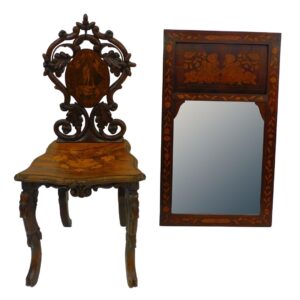 Black Forest Carved Chair and Inlaid Mahogany Mirror