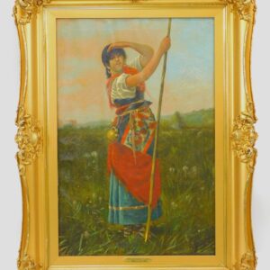 Nicholas Briganti Late 19th Century Shepherd Girl Oil on Canvas Full Length Portrait in Original Carved Gilt Frame