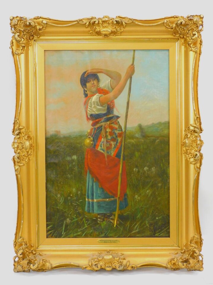 Nicholas Briganti Late 19th Century Shepherd Girl Oil on Canvas Full Length Portrait in Original Carved Gilt Frame